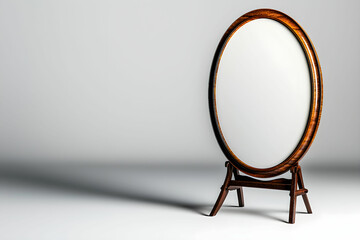 Fototapeta premium Vintage Oval Mirror on Stand with Soft Shadows and Minimalist Background Evoking Nostalgia and Timeless Elegance in Home Decor