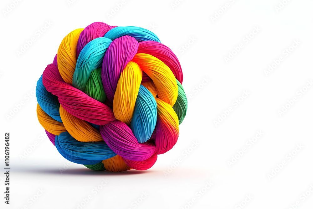 Poster vibrant colorful rope knot on white background with bright rainbow stripes displaying a playful and 