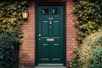 Dark Green Six Panel Front Door in a Red Brick House
