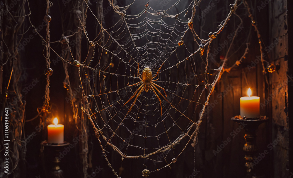 Poster spider web with a spider on it. there are two candles in the background