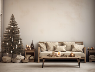Neutral rustic minimalist Christmas interior. Japandi and wabi sabi style living room decorated for Christmas. Simple cozy Christmas interior. Winter interior with plaid accent