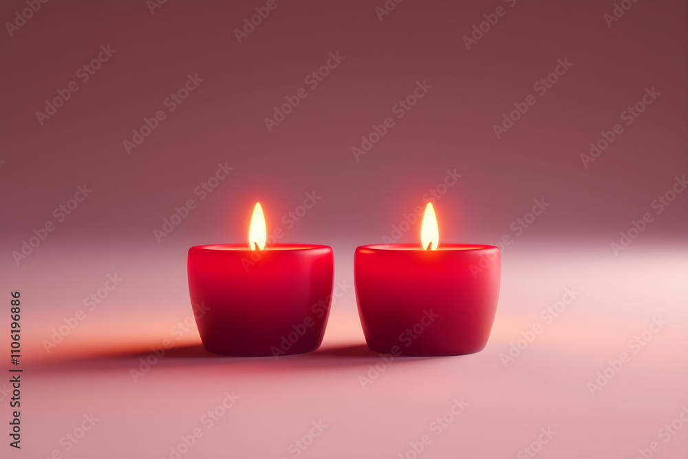 Poster two red candles with warm flames on a soft gradient background, perfect for creating a cozy and calm