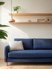 Modern Contemporary Living Room Design with Blue Sofa and Shelving