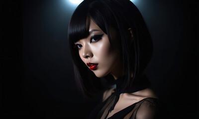 Portrait  asian goth woman with red lips and dark hair bob on black background