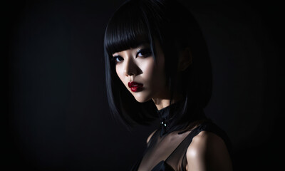 Portrait  asian goth woman with red lips and dark hair bob on black background