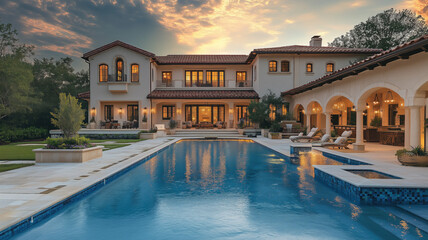 Fototapeta premium Serene Outdoor Beauty: Elegantly Composed House with a Mesmerizing Pool View - Generative Ai