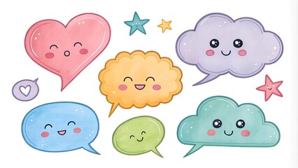 Fototapeta premium multicolored cute Watercolor speech bubbles, dialog cloud Set. clipart stikers Collection on transparent background. window for thoughts, ideas, conversations for web design, scrapbooking 