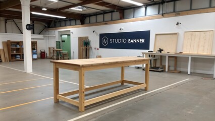 empty carpentry workshop background. wooden table and modern studio banner. advertising mockup with table top with copy space for product display, show or present product 
