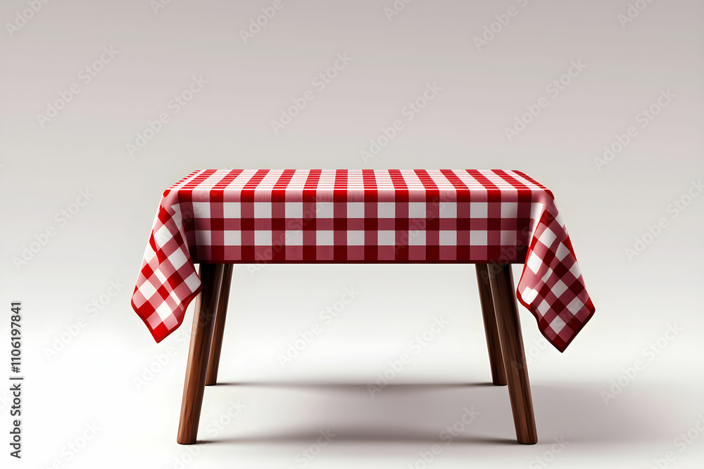 Poster red and white checkered tablecloth draped over a wooden table with simple design set against a neutr