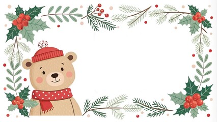 Fototapeta premium Christmas banner template with holly berries, mistletoe, green leaves, cute bear. horizontal new year winter border frame with white copy space background 