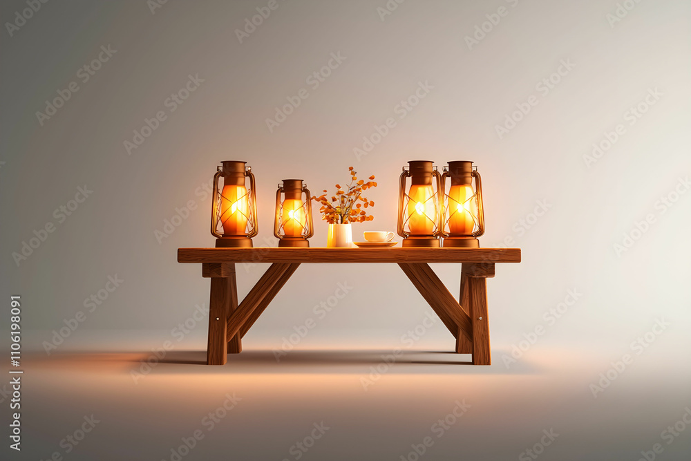 Poster warm and inviting rustic table display with lanterns and flower arrangement for cozy home ambiance a