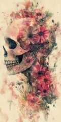Watercolor Skull Illustration with Floral Design in Vintage Style