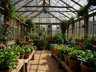 Greenhouse filled with lush plants and sustainable gardening practices.