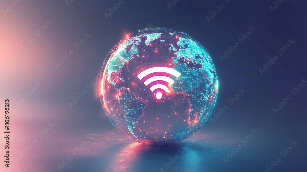 Poster Glowing planet earth with a wifi symbol, representing global internet access and connectivity