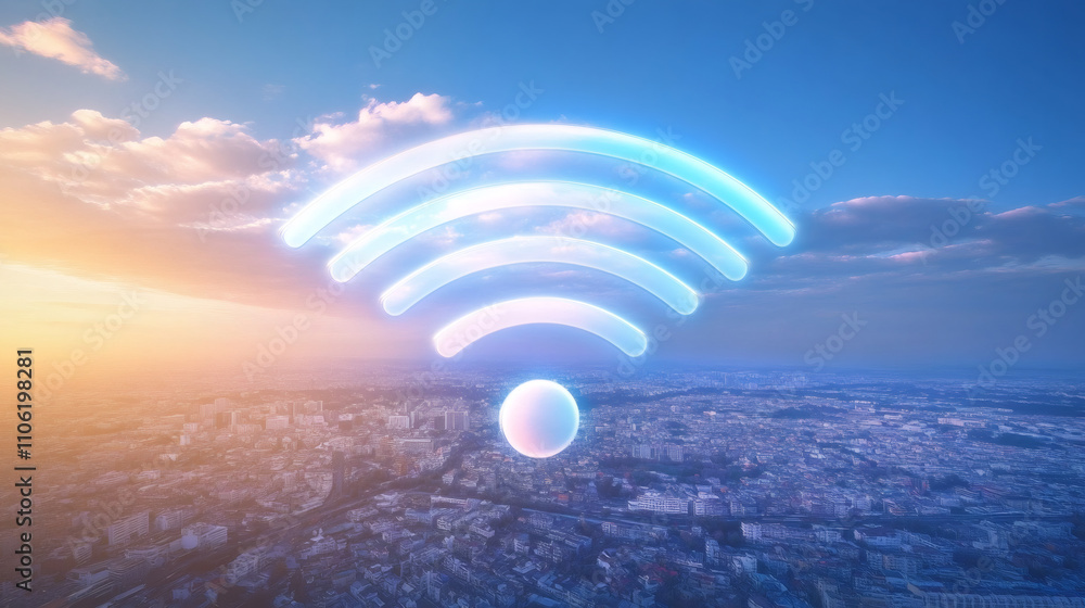 Aufkleber Wireless network and internet communication concept showing wifi symbol hovering above city during sunset