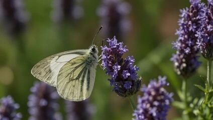Naklejka premium Green-veined white butterfly on lavender.