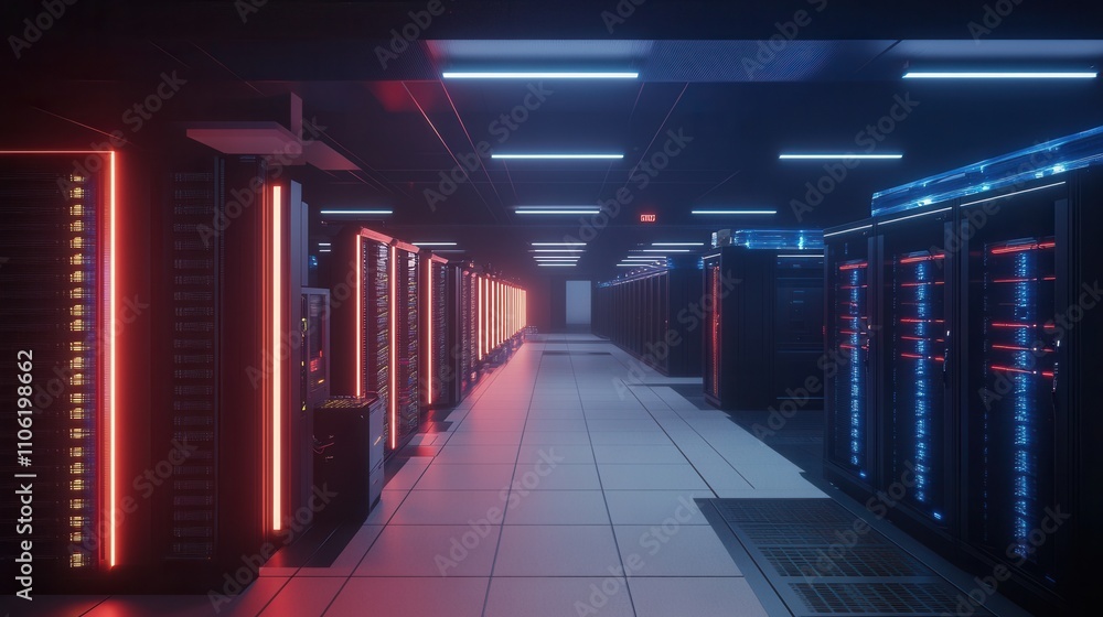 Poster a snapshot of a data center showing several rows of fully operational server racks. it highlights mo