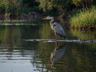 Fototapeta premium Grey heron (Airone cenerino) in a tranquil scene.