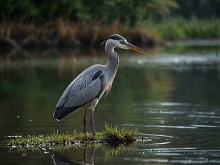 Fototapeta premium Grey heron (Airone cenerino) in a tranquil scene.