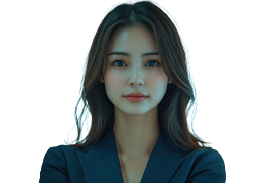 A confident woman poses in professional attire against a light background showcasing determination and elegance in her expression