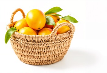 Fresh Oranges in a Rustic Basket on a White Background