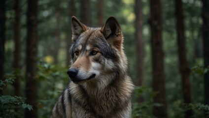 Fototapeta premium Grey wolf portrait in the forest.