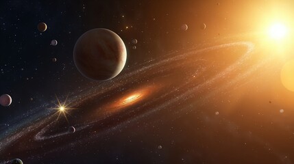 Naklejka premium Planet over concentric galaxy core image. Amazing cosmic bodies cluster at bright light photography scene wallpaper. Deep universe composition concept photorealistic photo