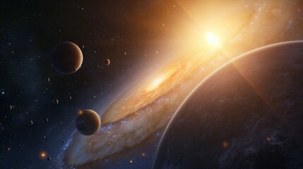 Obraz premium Planets silhouettes and bright galaxy image. Breathtaking outer space bodies arrangement photography scene wallpaper. Universe exploration program concept photorealistic photo