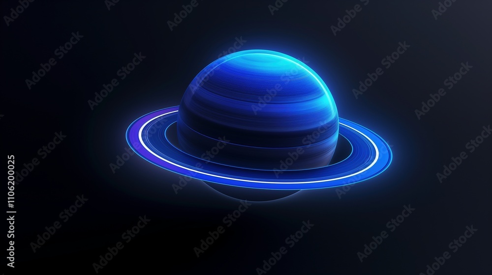 Poster lonely planet with rings glowing with neon 3d rendering image. shiny cosmic body in full darkness ba