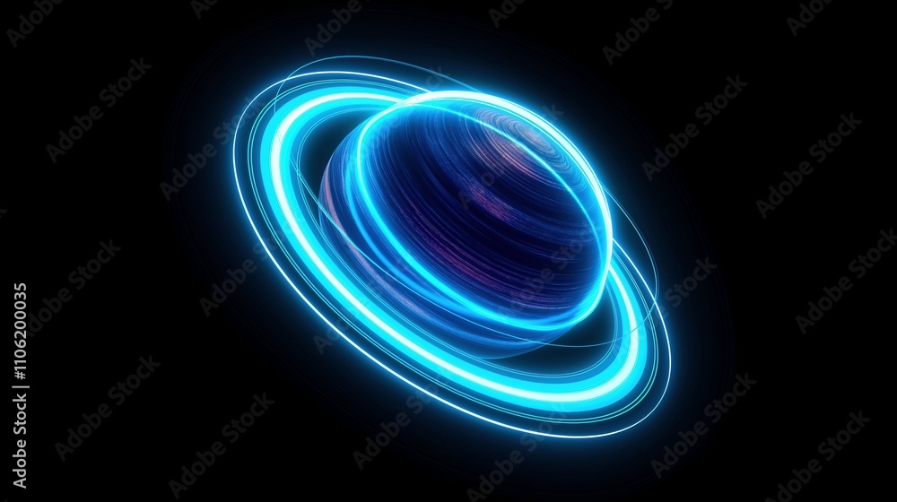 Poster planet contour of glowing neon lights in dark space 3d rendering image. saturn like celestial body d