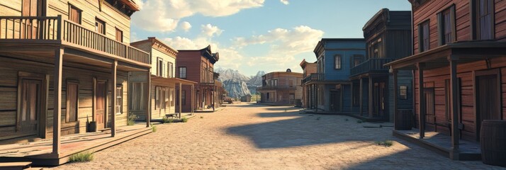 Wild West Town: Abandoned Three-Dimensional Street with Old Wooden Buildings