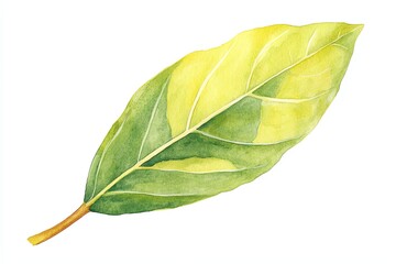Obraz premium A detailed watercolor illustration of a vibrant green bay leaf. The artwork showcases the intricate textures and natural beauty of the leaf, perfect for botanical references.