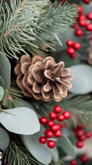 Beautiful holiday centerpiece with pinecones and red berries for festive decoration