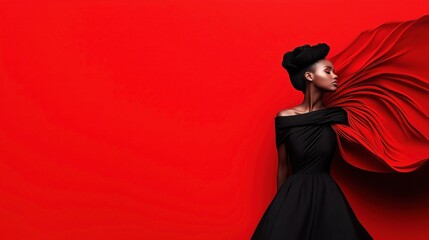 Profile of elegant woman in black dress against bright red background with flowing fabric effect