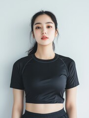Fototapeta premium Young Korean Woman Posing in Fitness Clothing Against Wall