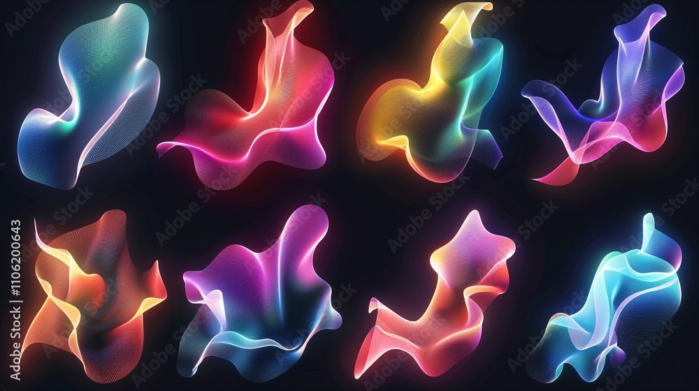 Poster glowing mesh abstracts set 3d rendering image. neon hues shapes. wavy luminous patterns. futuristic 