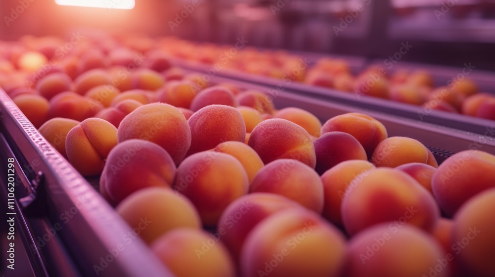Leinwandbilder Fresh peaches fill trays in a processing facility as they await juicing. Workers efficiently prepare the ripe fruit, ensuring quality for juice extraction in a sunny, dynamic atmosphere.