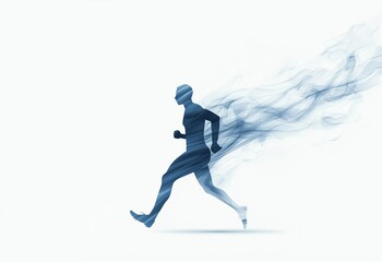 A dynamic silhouette of a runner in motion, surrounded by fluid blue smoke effects, symbolizing speed and energy. Perfect for themes of fitness, athletics, and movement.