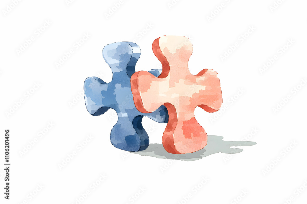 Poster colorful puzzle pieces in watercolor style representing connection and problem solving, ideal for cr