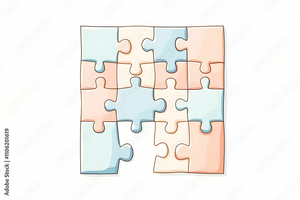 Poster abstract puzzle piece arrangement with soft colors for conceptual themes of problem solving, collabo