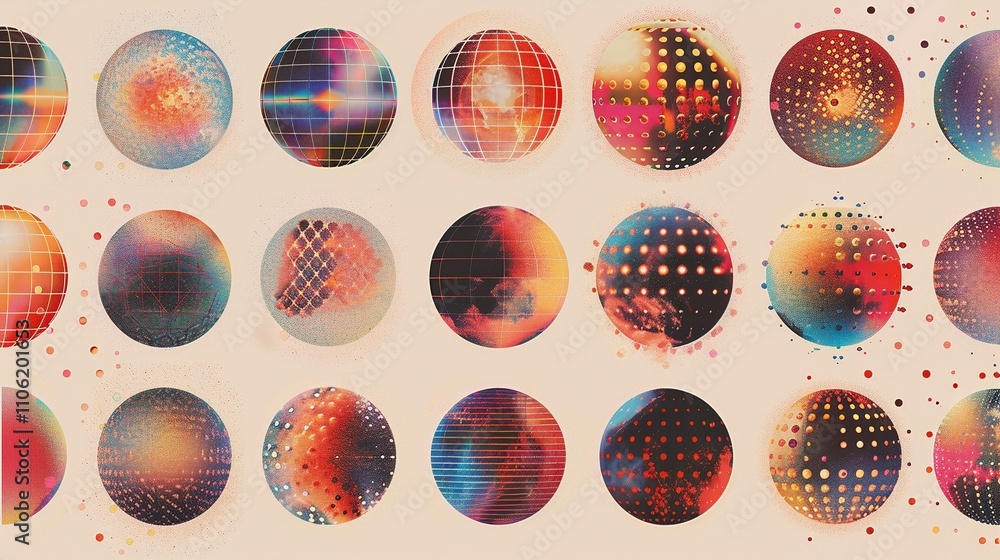Poster abstract gradient globes with varied patterns background image. intricate grid dot spheres illustrat