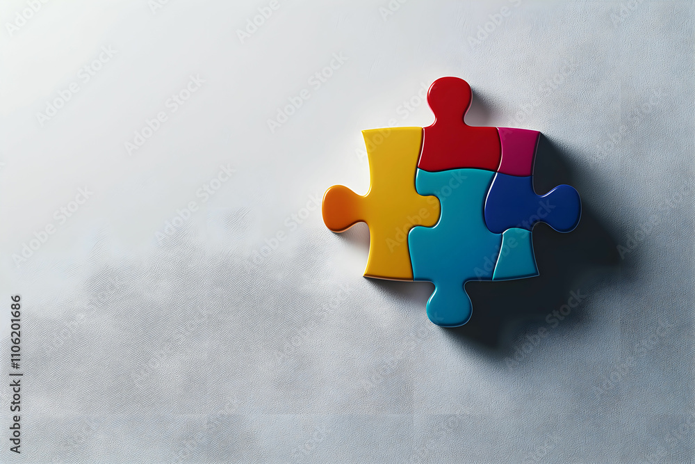 Poster colorful puzzle piece on a subtle background representing problem solving, creativity, and collabora