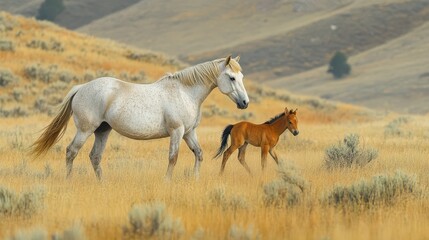 Obraz premium horse walking alongside her foal in a meadow