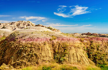 Rugged multi color plains, mountains and valleys of Badlands National Park near Wall, South Dakota