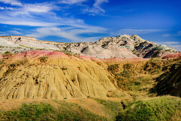 Rugged multi color plains, mountains and valleys of Badlands National Park near Wall, South Dakota