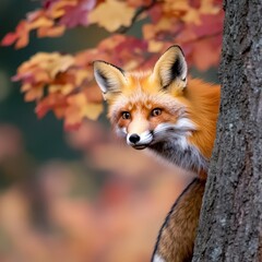 Obraz premium Captivating Close-Up of a Red Fox in Autumn Forest Surrounded by Colorful Leaves and Tree Bark, Showcasing Natural Beauty and Wildlife Behavior