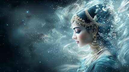 Hindu gods concept. A serene, ethereal portrait of a woman adorned with jewelry, surrounded by mystical, swirling elements that evoke a dreamlike atmosphere.