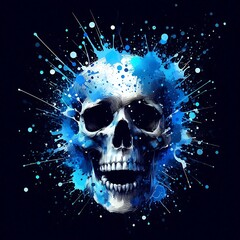 Skull Merged with Scatter Plot in Blue Watercolor"
