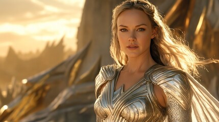 Blonde woman in silver armor, dramatic lighting.