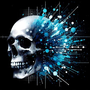 Skull Merged with Scatter Plot in Blue Watercolor"